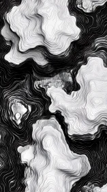 Monochrome topographic contour islands form layered abstract relief