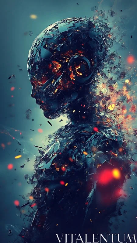 Fragmented molten android silhouette in teal atmospheric glow