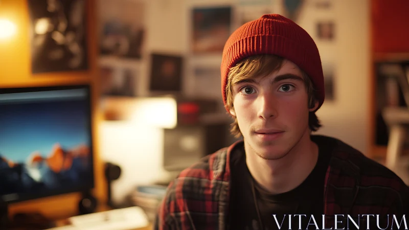 Young creative in cozy workspace gazes thoughtfully ahead.