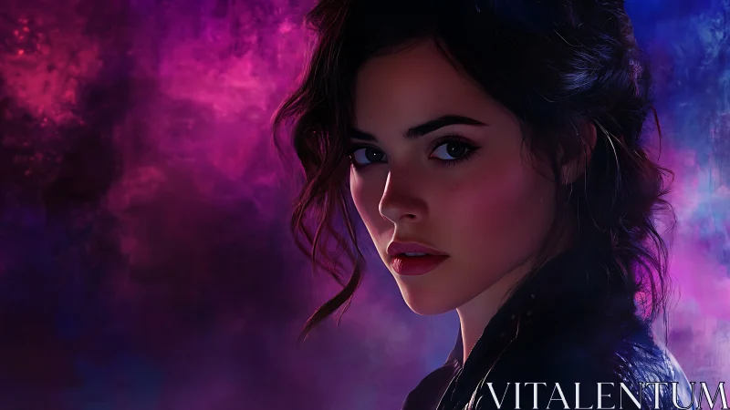 Moody portrait of a young woman in glowing neon colors