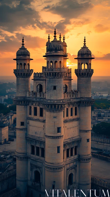 Sunlit Mughal-style fortress tower against dramatic sunset.
