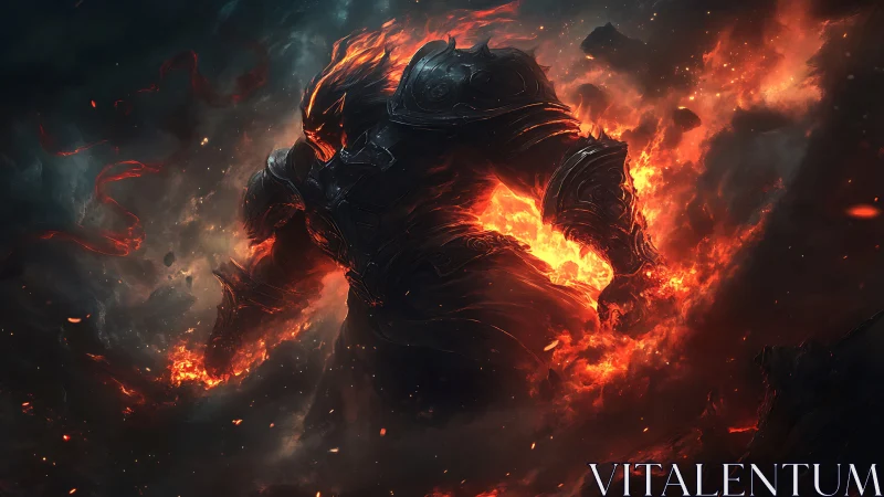 Infernal armored titan emerging from turbulent volcanic fire.