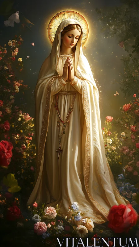 Radiant robed saint in luminous garden of soft flowers.