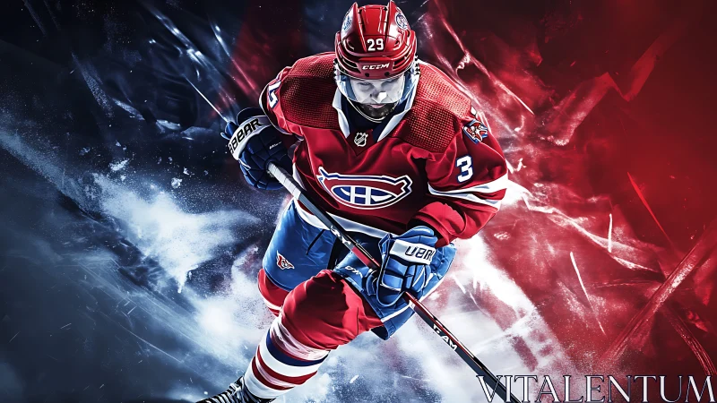 Ice hockey player in red uniform against split color rink.