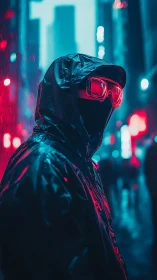 Cyberpunk hooded operative in neon rain, portrait format.