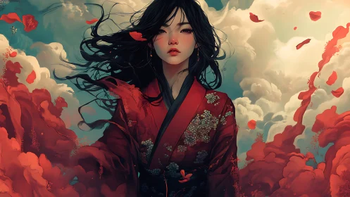 Wind-swept kimono figure amid swirling crimson petals.