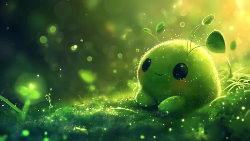 Bioluminescent moss sprite with dewy leaf antennae in bokeh field.