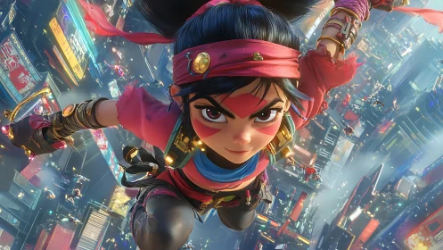 Determined young hero dives through neon cyber cityscape.