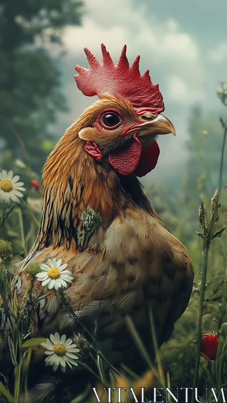 Regal Rooster Poised Among Wildflowers in Misty Meadow