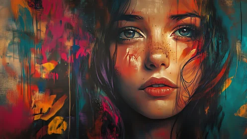 Hyperreal portrait of freckled woman in abstract chromatic haze