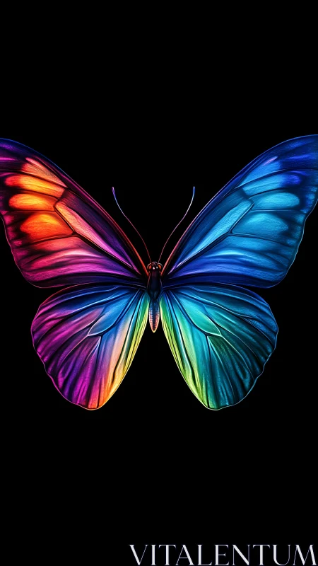 Multicolored digital butterfly on black isolated background.