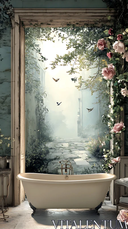 Freestanding bath aligned to overgrown courtyard portal vista.