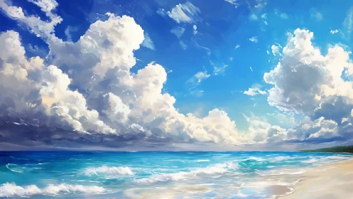 Sunlit shoreline under towering daydream clouds of summer.