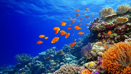 Orange reef fish swim across vivid tropical coral wall