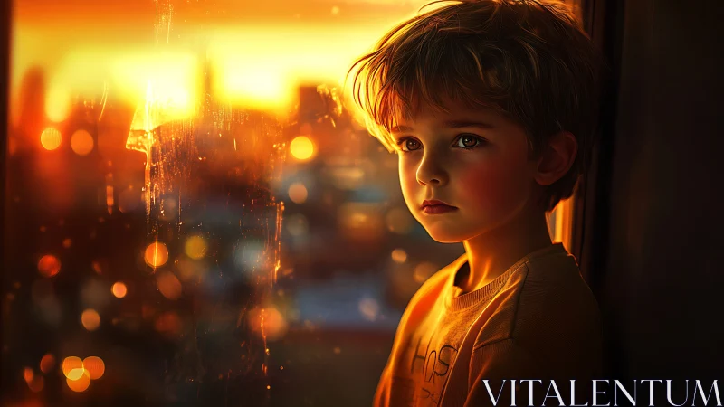 Melancholic child gazes through golden city sunset light