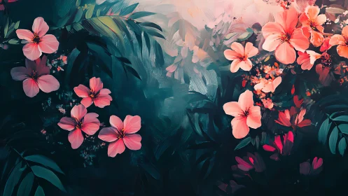 Teal and Coral Floral Composition with Layered Botanical Elements.