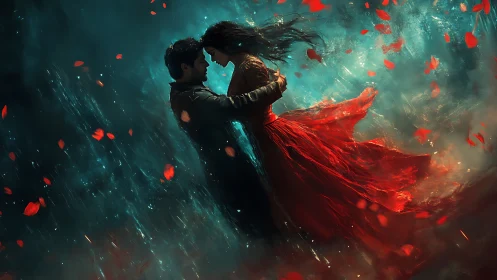 Couple in Rain: Cinematic Embrace Amid Fire.