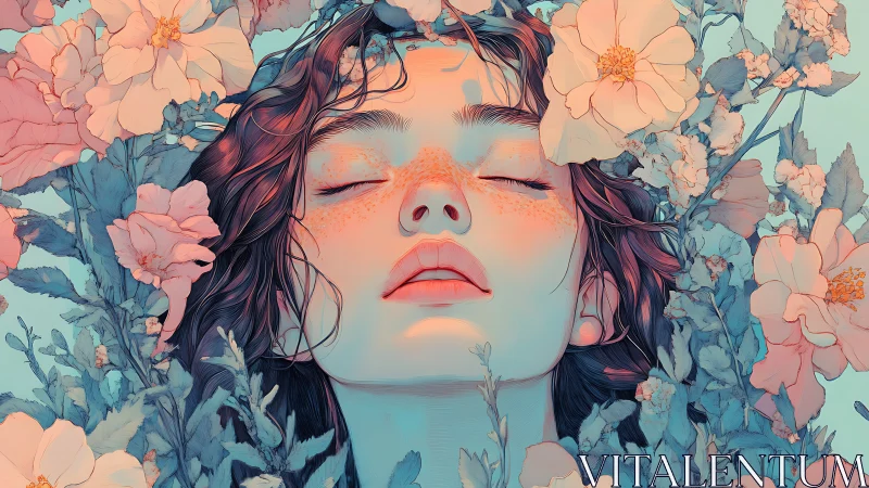 Serene freckled face immersed in pastel floral bloom