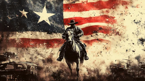 Lone cowboy rides before distressed American flag backdrop.