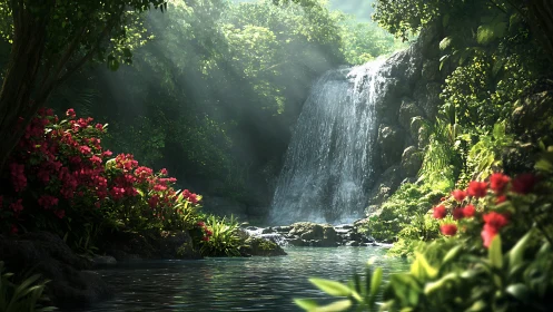 Forest waterfall with surrounding dense foliage and flowers.