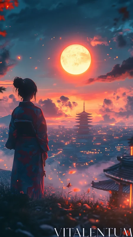 Backlit kimono figure studies luminous moonlit city atmosphere