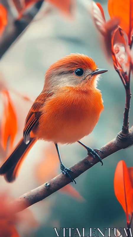 Orange songbird perched on branch in shallow depth of field.