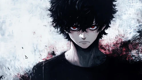 Smoldering red eyed anime boy stands in moody painted shadows