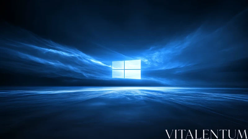 Digital horizon with luminous window icon in blue void.