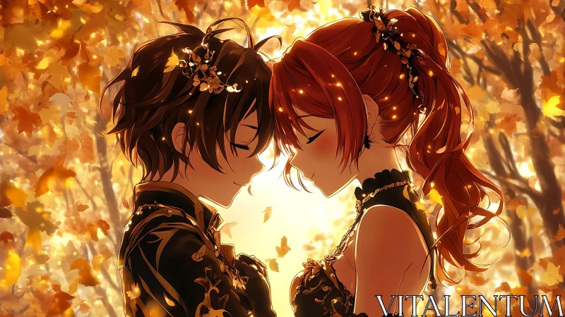 Two anime figures facing closely amid autumn foliage scene.