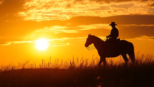 Silhouette of lone horseback rider against orange sunset.