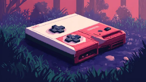 Isometric Retro Gaming Console in Cyberpunk Urban Landscape.