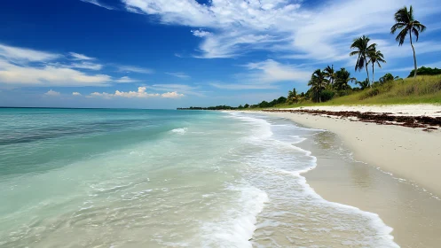 Coastal shoreline panorama with tropical cloud structure.