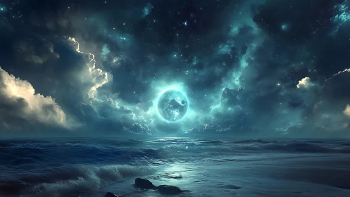 Moonlit ocean dreams glow softly beneath a cosmic sky