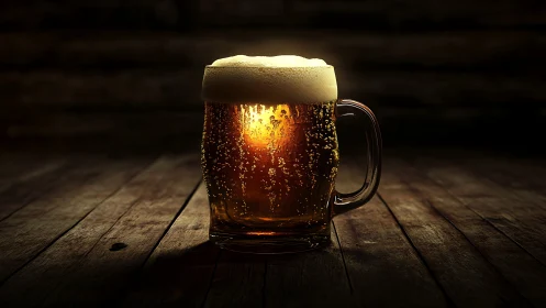 Glass beer mug stands on wooden surface under focused light
