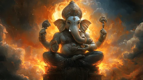 Fiery cosmic Ganesha quietly carves calm from swirling chaos