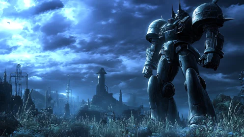 Titan sentinel strides across a storm-lit wasteland frontier.