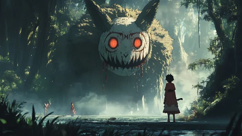 Forest confrontation with colossal red-eyed spirit beast.