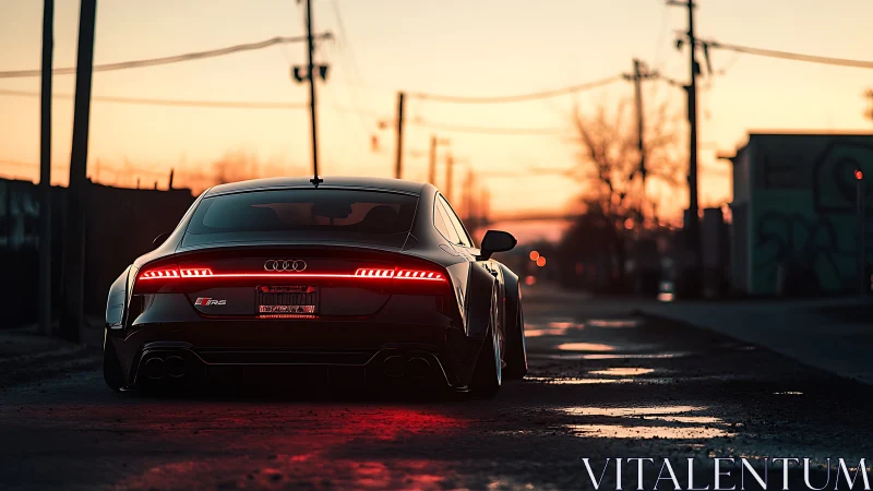 Sporty Audi at sunset glowing with soft city streetlight.