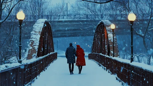 Two souls traverse an enchanted winter crossing at twilight.