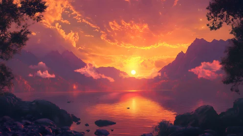 Sunset over tranquil mountain lake glows with dreamlike color