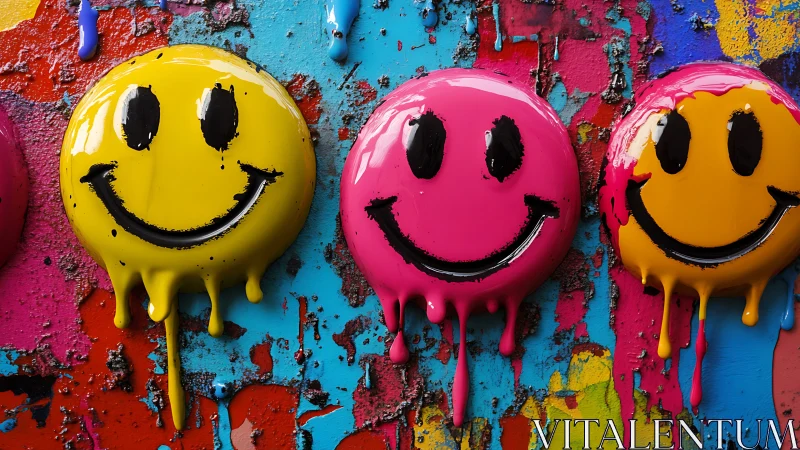 Dripping smiley emoji reliefs on multicolored graffiti wall