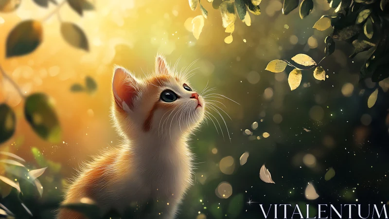 Kitten Gazes Upward Among Golden Autumn Leaves.