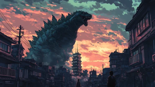 Giant reptilian creature among dense urban buildings at dusk.