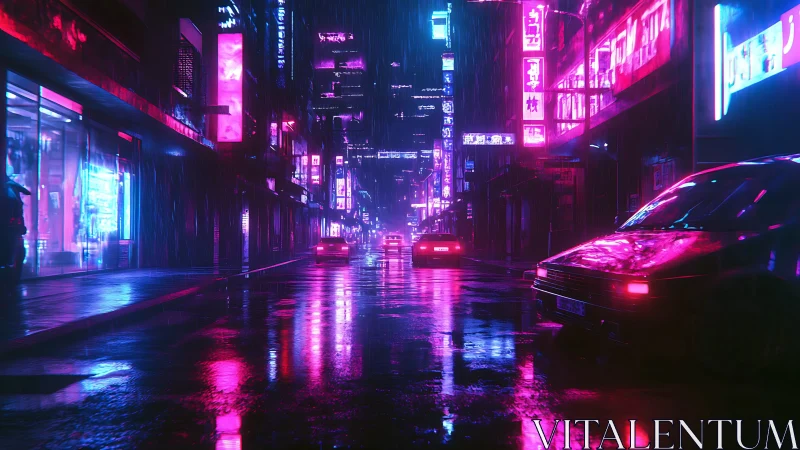 Neon soaked cyberpunk city street at night in rain.