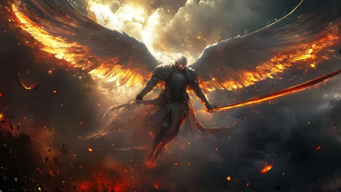 Armored seraph descends through incendiary clouds with flaming blade