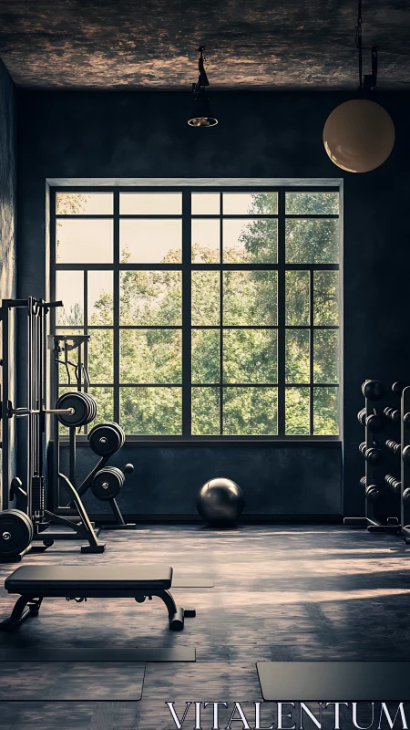 Sunlit iron sanctuary with forest-framed workout calm.