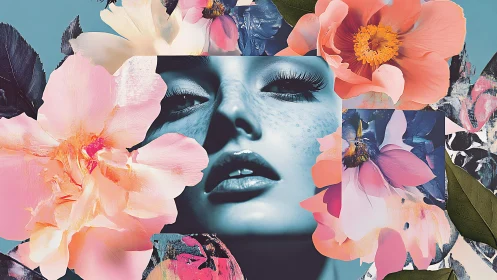 Chromatic facial collage with macro florals and tonal contrasts.