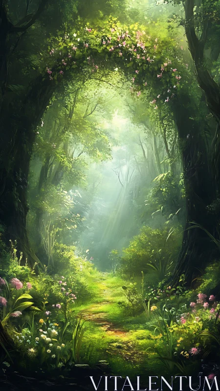 Enchanted Forest Tunnel with Luminous Canopy and Flowering Path