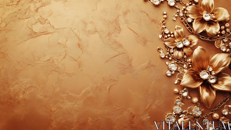 Gold floral ornament with gemstones on textured background.