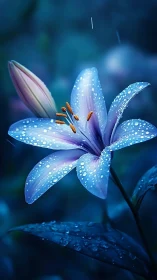 Luminescent Petals Adorned with Dewdrops in Electric Blue Twilight.